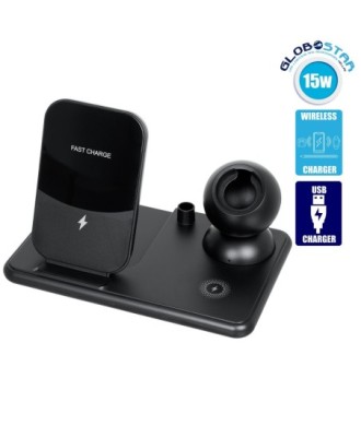 GloboStar® 79699 Επιτραπέζια Σταθερή Βάση Ασύρματης Φόρτισης Fast Charging για Κινητά - Earphones - Smart Watches - Pencil 4 Καναλιών - 1 Channel 15W Max (Phone) - 2 Channel 3W (Airpod) - 3 Channel 2W (Watch) - 4 Channel 2W (Pencil)